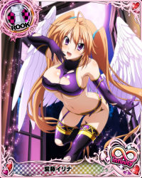 Rule 34 | 1girl, ahoge, angel, angel wings, bare shoulders, breasts, brown hair, card (medium), chess piece, elbow gloves, gloves, hair between eyes, heart, high school dxd, high school dxd infinity, large breasts, long hair, looking at viewer, moon, navel, night, official art, open mouth, purple eyes, rook (chess), shidou irina, solo, thighhighs, tongue, torn clothes, twintails, underboob, very long hair, window, wings