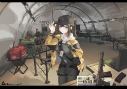 Rule 34 | 1girl, arm up, baseball cap, black hat, black pantyhose, blue eyes, blush, breasts, brown hair, closed mouth, commentary, computer, dima (girls&#039; frontline), english commentary, girls&#039; frontline, gloves, gun, hair between eyes, hand on headwear, hat, highres, hood, hood down, hoodie, indoors, jacket, laptop, letterboxed, looking at viewer, medium breasts, newspaper, open clothes, open jacket, pantyhose, ponytail, rosetta(obsidian117), russian text, sidelocks, single glove, smile, solo, translation request, weapon, weapon request, white hoodie, yellow jacket