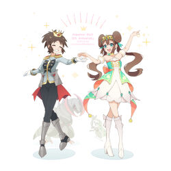 Rule 34 | 1boy, 1girl, :d, alternate color, anniversary, bare shoulders, black pants, boots, brown hair, closed eyes, cocoloco, commentary request, creatures (company), crown, dated, double bun, dress, epaulettes, full body, game freak, gen 5 pokemon, gloves, green eyes, hair bun, haxorus, high heel boots, high heels, legendary pokemon, long hair, long sleeves, meloetta, meloetta (aria), mythical pokemon, nate (champion) (pokemon), nate (pokemon), nintendo, official alternate costume, open mouth, pants, pokemon, pokemon (creature), pokemon bw2, pokemon masters ex, rosa (champion) (pokemon), rosa (pokemon), shiny pokemon, shirt, short hair, smile, strapless, strapless dress, tiara, twintails, twitter username, white background, white dress, white footwear, white gloves