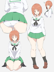 Rule 34 | 1girl, anger vein, ass, black neckerchief, blouse, brown eyes, brown footwear, brown hair, closed mouth, commentary, cropped legs, cropped torso, crotch seam, girls und panzer, green skirt, grey background, highres, kneeling, kurusux, loafers, long sleeves, looking at viewer, miniskirt, multiple views, neckerchief, nishizumi miho, no shoes, ooarai school uniform, open mouth, panties, pleated skirt, sailor collar, school uniform, serafuku, shirt, shoes, short hair, simple background, skirt, smile, socks, standing, textless version, underwear, white panties, white sailor collar, white shirt