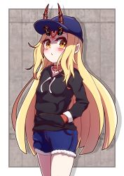 Rule 34 | 1girl, absurdres, alternate costume, baseball cap, black sweater, blonde hair, blue hat, blue shorts, blush, casual, closed mouth, commentary request, cowboy shot, cutoffs, drawstring, facial tattoo, fate/grand order, fate (series), hand in pocket, hat, highres, horns, horns through headwear, ibaraki douji (fate), long hair, long sleeves, looking at viewer, pointy ears, short shorts, shorts, solo, standing, straight hair, sweater, tareme, tattoo, very long hair, yellow eyes, yuya090602