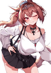 Rule 34 | 1girl, :3, absurdres, alternate costume, alternate hairstyle, animal ears, black skirt, blush, breasts, brown hair, casual, choker, collarbone, cowboy shot, daiwa scarlet (umamusume), fang, hand on own hip, highres, horse ears, horse girl, horse tail, jewelry, large breasts, leaning forward, long hair, long sleeves, misoni (mi so ni t), one eye closed, pendant, pleated skirt, ponytail, red eyes, simple background, skin fang, skirt, solo, tail, tiara, umamusume, white background