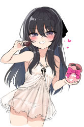 Rule 34 | 1girl, babydoll, bare arms, bare shoulders, black hair, blush, bow, bow panties, brown eyes, candy, chocolate, chocolate heart, collarbone, commentary, cropped legs, english commentary, food, grin, hair between eyes, hand up, heart, holding, holding food, long hair, looking at viewer, original, panties, see-through, side-tie panties, simple background, smile, solo, thigh gap, underwear, underwear only, unname, very long hair, white background, white panties