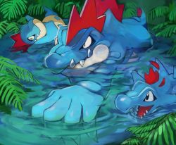 Rule 34 | afloat, bad id, bad pixiv id, claws, closed mouth, commentary request, creatures (company), croconaw, evolutionary line, fangs, fangs out, feraligatr, game freak, gara (qbeuxvii22), gen 2 pokemon, highres, nintendo, no humans, pokemon, pokemon (creature), smile, swimming, totodile, water