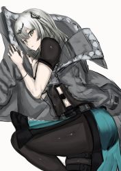 Rule 34 | 1girl, absurdres, aqua skirt, arknights, belt, black pantyhose, black shirt, clenched hand, closed mouth, commentary, commentary request, expressionless, grey eyes, grey jacket, greythroat (arknights), hair between eyes, hair ornament, hairclip, hands up, head tilt, highres, jacket, long hair, long sleeves, looking at viewer, lying, medium hair, on side, pantyhose, shirt, short sleeves, silver hair, simple background, sketch, skirt, solo, strap, thighs, unfinished, white background, yuryou jime