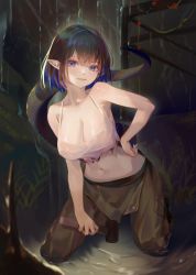 Rule 34 | 1girl, absurdres, ahoge, arknights, bare shoulders, black hair, blue eyes, blue hair, breasts, camisole, cleavage, closed mouth, collarbone, colored inner hair, covered erect nipples, crop top, eunectes (arknights), eunectes (forgemaster) (arknights), hammer, hand on own hip, highres, kneeling, large breasts, leaning forward, light frown, looking at viewer, medium hair, midriff, multicolored hair, navel, nekobell, pants, pointy ears, shiny skin, shirt, snake tail, solo, tail, torn clothes, torn shirt, wet, white shirt