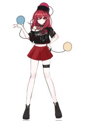 Rule 34 | 1girl, black footwear, black hat, black shirt, clothes writing, commentary request, full body, hat, hecatia lapislazuli, highres, looking at viewer, medium hair, navel, red hair, red skirt, shion 343, shirt, simple background, skirt, solo, standing, thigh strap, touhou, white background