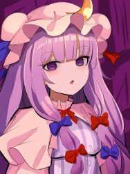 Rule 34 | 1girl, :o, blue bow, blunt bangs, bow, breasts, capelet, crescent, curtains, dress, hair bow, harakune (mugennero), hat, highres, long hair, looking at viewer, mob cap, neck ribbon, one-hour drawing challenge, patchouli knowledge, pink capelet, pink hat, purple background, purple dress, purple eyes, purple hair, red bow, red ribbon, ribbon, sidelocks, small breasts, solo, striped, touhou, upper body, vertical stripes