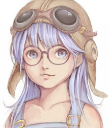 Rule 34 | 123 (tyamaguch), 1girl, aviator cap, bare shoulders, blue eyes, blue hair, child, collarbone, dr. slump, glasses, goggles, goggles on head, lips, long hair, matching hair/eyes, norimaki arale, overalls, portrait, solo, tyamaguch, upper body