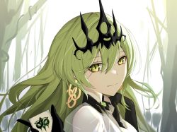 Rule 34 | 1girl, absurdres, black gloves, card, closed mouth, crown, dress, earrings, gloves, green eyes, green hair, highres, holding, holding card, honkai (series), honkai impact 3rd, jewelry, long hair, looking at viewer, mobius (honkai impact), single earring, smile, solo, sparks summer, white dress