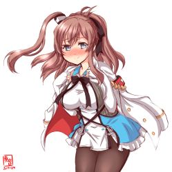 Rule 34 | 1girl, artist logo, azur lane, black ribbon, blush, breasts, brown hair, commentary request, cosplay, dated, grey eyes, hair ribbon, highres, historical name connection, jacket, jacket on shoulders, kanon (kurogane knights), kantai collection, large breasts, long hair, looking at viewer, military, military uniform, name connection, naval uniform, pantyhose, revision, ribbon, saratoga (azur lane), saratoga (azur lane) (cosplay), saratoga (kancolle), side ponytail, sidelocks, simple background, smile, solo, uniform, white background