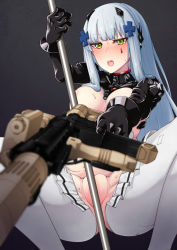 Rule 34 | 1girl, absurdres, assault rifle, blush, breasts, embarrassed, facepaint, girls&#039; frontline, green eyes, gun, h&amp;k hk416, hair ornament, hairclip, highres, hk416 (girls&#039; frontline), hk416 (midnight evangelion) (girls&#039; frontline), holding, holding gun, holding weapon, long hair, looking at viewer, medium breasts, meme attire, nakiusagi, official alternate costume, pole, revealing clothes, reverse bunnysuit, reverse outfit, rifle, simple background, solo, sweat, torn clothes, torn legwear, very long hair, weapon, wrist cuffs