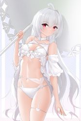 Rule 34 | 1girl, ahoge, bare shoulders, breasts, cleavage, collarbone, commentary request, detached sleeves, fate/prototype, fate (series), grey hair, hair between eyes, hair intakes, hand up, highres, holding, holding umbrella, lady avalon (fate), lady avalon (second ascension) (fate), long hair, looking at viewer, merlin (fate/prototype), navel, parted lips, red eyes, short sleeves, skindentation, small breasts, solo, umbrella, very long hair, white sleeves, white umbrella, wide sleeves, zerotwenty (020)