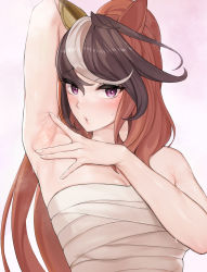 Rule 34 | 1girl, :o, absurdres, animal ears, arm behind head, arm up, armpits, bandages, bare arms, bare shoulders, black hair, blush, breasts, brown hair, cleavage, commission, ear covers, highres, horse ears, large breasts, long hair, looking at viewer, multicolored hair, mute (mute89539160), parted lips, pixiv commission, ponytail, presenting armpit, purple eyes, sarashi, solo, spread armpit, symboli rudolf (umamusume), umamusume, white hair