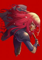 Rule 34 | 1girl, absurdres, blood, blood on face, bloody weapon, capelet, deliciousbrain, fire emblem, fire emblem engage, hair ornament, highres, holding, holding knife, holding weapon, knife, long hair, nintendo, red background, red eyes, red hair, solo, star (symbol), star hair ornament, weapon, yunaka (fire emblem)