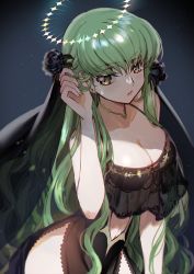 Rule 34 | 1girl, alternate costume, bare arms, bare shoulders, black dress, black flower, black rose, breasts, c.c., center opening, cleavage, code geass, collarbone, commentary, cowboy shot, creayus, dress, flower, gradient background, green hair, grey background, hair flower, hair ornament, halo, hand in own hair, hand up, jewelry, long hair, looking at viewer, medium breasts, necklace, parted lips, pelvic curtain, rose, sleeveless, sleeveless dress, solo, veil, very long hair, yellow eyes