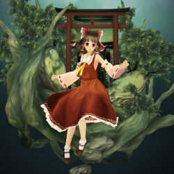 Rule 34 | 1girl, 3d, bow, brown hair, detached sleeves, female focus, gradient background, hakurei reimu, japanese clothes, kani hira, kanihira, miko, nature, outdoors, plant, red eyes, ribbon, skirt, solo, torii, touhou