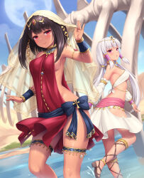 Rule 34 | 2girls, ankh, armlet, bare shoulders, black hair, blunt bangs, bow, bracer, breasts, bridal gauntlets, day, feet out of frame, full moon, giant skeleton, hair tubes, highres, hip vent, low twintails, medium breasts, moon, multiple girls, original, outdoors, pink eyes, red eyes, sasaame, sideboob, thighlet, twintails, veil, waving, white hair