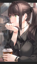 Rule 34 | 1girl, absurdres, black shirt, blurry, blurry background, bracelet, breasts, brown hair, buttons, chain, choker, coffee cup, collared shirt, commentary, cup, disposable cup, drinking straw, ear piercing, english commentary, green eyes, hair between eyes, hair tie, head rest, highres, holding, holding cup, indoors, jewelry, kfr, large breasts, letterboxed, long hair, long sleeves, looking away, multiple piercings, nail polish, original, piercing, pink nails, rain, shirt, sidelocks, solo, twintails, upper body, watch, window, wristwatch