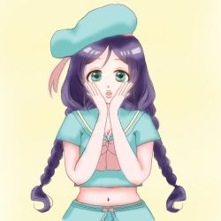 Rule 34 | 1girl, aqua headwear, aqua shirt, aqua skirt, artist name, artist request, blush, bow, breasts, collarbone, female focus, green eyes, long hair, looking at viewer, love live!, love live! school idol project, pink bow, purple hair, sailor collar, shirt, skirt, small breasts, solo, tojo nozomi, twintails, uo nono, white background