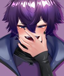 Rule 34 | 1boy, absurdres, black nails, blue eyes, blush, commentary, drop shadow, english commentary, hair between eyes, half-closed eyes, hand focus, highres, hmmmanon, indie virtual youtuber, male focus, open mouth, portrait, purple background, purple hair, purple theme, sharp teeth, short hair, shoto (vtuber), simple background, skin tight, sleeves past wrists, solo, teeth, tsurime, upper teeth only, v-shaped eyebrows, virtual youtuber