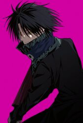 Rule 34 | 1boy, black eyes, black hair, evil eyes, evil smile, feitan portor, high collar, highres, hunter x hunter, long sleeves, looking at viewer, looking to the side, male focus, parted bangs, pink background, short hair, simple background, smile, solo, tokyo bbo, upper body, yellow eyes