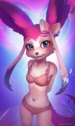 Rule 34 | 1girl, absurdres, blue eyes, bow, bra, breasts, creatures (company), female focus, furry, furry female, game freak, gen 6 pokemon, highres, navel, nintendo, panties, pink fur, pokemon, pokemon (creature), ribbon, small breasts, smile, solo, sonakariart, sylveon, tail, underwear, white fur