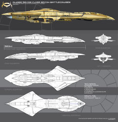Rule 34 | absurdres, advanced ship (eve online), amarr empire (eve online), battlecruiser (eve online), beam cannon, blueprint (medium), cannon, character sheet, commentary, concept art, electronic warfare ship (eve online), energy cannon, english text, eve online, from above, from behind, from below, from side, galen82, glowing, highres, laser cannon, military, military vehicle, multiple views, no humans, original, recon ship (eve online), science fiction, spacecraft, spaceship, tech 2 ship (eve online), thrusters, turret, vehicle focus
