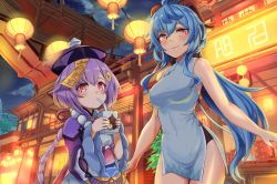 Rule 34 | 2021, 2girls, ahoge, alternate costume, bare arms, bare shoulders, black shorts, blue hair, blush, braid, braided ponytail, breasts, china dress, chinese clothes, chinese new year, cloud, coconut, covered navel, dress, drink, drinking, drinking straw, ganyu (genshin impact), genshin impact, half-closed eyes, hat, highres, horns, jiangshi, lantern, lantern festival, long hair, long sleeves, looking at viewer, medium breasts, multiple girls, night, outdoors, purple eyes, rixch, short shorts, shorts, sky, sleeveless, sleeveless dress, wide sleeves
