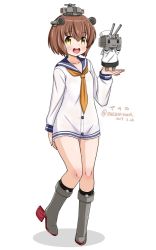 Rule 34 | 1girl, artist name, black socks, blue sailor collar, brown eyes, brown hair, dated, dress, full body, headgear, kantai collection, kneehighs, masara (chuujou), neckerchief, one-hour drawing challenge, open mouth, rensouhou-chan, round teeth, sailor collar, sailor dress, short hair, simple background, socks, solo, teeth, twitter username, upper teeth only, white background, yellow neckerchief, yukikaze (kancolle)