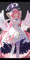 Rule 34 | 1girl, absurdres, angel wings, arms behind head, arms up, blue archive, blush, bow, breasts, capelet, dress, feathered wings, flower, frilled dress, frills, hair bun, hair flower, hair ornament, halo, highres, letterboxed, long hair, looking at viewer, mika (blue archive), pink hair, scrunchie, shiratama mochi, single hair bun, single side bun, sleeveless, sleeveless dress, smile, solo, very long hair, white dress, white wings, wings, yellow eyes