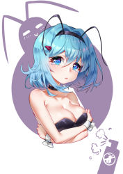 Rule 34 | 1girl, absurdres, antennae, arthropod girl, bad id, bad pixiv id, bare shoulders, black choker, black hairband, black leotard, blue eyes, blue hair, blush, breasts, bug, bug spray, choker, cleavage, closed mouth, cockroach, collarbone, hair between eyes, hair ornament, hairband, head tilt, highres, insect, leotard, looking at viewer, medium breasts, mo xiaoxue, original, red eyes, solo, spray can, strapless, strapless leotard, white background, wrist cuffs