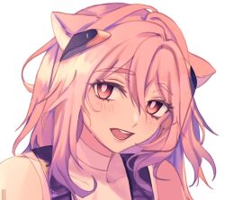 Rule 34 | 1girl, animal ear fluff, animal ears, arknights, blush, covered collarbone, gravel (arknights), hair between eyes, long hair, looking at viewer, open mouth, pink hair, portrait, red eyes, shirt, simple background, sleeveless, sleeveless shirt, solo, thick eyebrows, white background, white shirt, yoshiga
