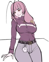 Rule 34 | 1girl, belt, breasts, cleavage cutout, clothing cutout, denim, flat color, highres, jeans, jewelry, matara kan, matara kan (casual), monster girl, necklace, pale skin, pants, pink hair, purple turtleneck, smile, sweater, tight clothes, tight pants, turismo russo, turtleneck, turtleneck sweater, vshojo