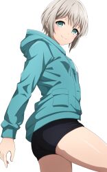 Rule 34 | 1girl, absurdres, aoba moca, aqua eyes, aqua jacket, ass, bang dream!, black shorts, closed mouth, commentary request, cowboy shot, drawstring, from side, grey hair, highres, hood, hood down, hooded jacket, jacket, light blush, long sleeves, looking at viewer, looking to the side, noshimurin, open clothes, open jacket, pocket, shirt, short hair, short shorts, shorts, simple background, solo, standing, white background, white shirt