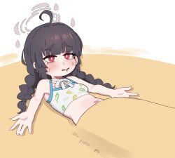 Rule 34 | 1girl, absurdres, ahoge, bikini, bikini top only, black hair, blue archive, blunt bangs, bow, bowtie, braid, breasts, buried, commentary, crying, drooling, english commentary, grey halo, halo, highres, leaf print, long hair, lulubelleiii, miyu (blue archive), miyu (swimsuit) (blue archive), mouth drool, navel, outstretched arms, parted lips, print bikini, red eyes, sand, small breasts, solo, spread arms, swimsuit, twin braids, white bikini, white bow, white bowtie