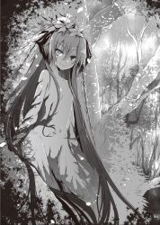Rule 34 | 1girl, breasts, collarbone, corset, greyscale, hair between eyes, hair censor, hair over breasts, heterochromia, highres, looking at viewer, monochrome, navel, novel illustration, nude, official art, outdoors, seirei tsukai no blade dance, shimesaba kohada, small breasts, smile, solo, standing, sweatdrop