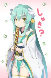 100 100percent_park 1girl absurdres fate/grand_order fate_(series) female_focus green_hair hair_between_eyes hair_ornament hand_fan highres holding holding_fan horns japanese_clothes kiyohime_(fate) long_hair looking_at_viewer sash solo thighhighs yellow_eyes