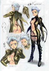 Rule 34 | 1girl, absurdres, angry, ass, breasts, character sheet, cleavage, demon tail, facial mark, highres, homare (fool&#039;s art), leather, looking at viewer, midriff, navel, scan, short hair, silver hair, sketch, skin tight, tail, tongue, tongue out