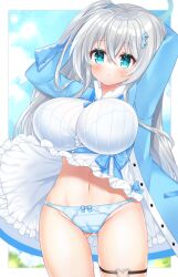 Rule 34 | 1girl, :o, arms behind head, arms up, blue bra, blue eyes, blue jacket, blue panties, blush, bow, bow panties, bra, bra visible through clothes, breasts, cameltoe, center frills, commission, copyright request, dress, frills, grey hair, groin, hair between eyes, hair ornament, heart o-ring, highres, jacket, large breasts, long hair, long sleeves, looking at viewer, navel, one side up, open clothes, open jacket, panties, parted lips, see-through clothes, shikito (yawa0w0), skeb commission, solo, standing, thigh strap, underwear, very long hair, white dress