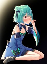 Rule 34 | 1girl, bad id, bad pixiv id, bare shoulders, black background, black bow, black footwear, blue dress, blue sleeves, blush, boots, bow, breasts, cleavage, closed mouth, crying, crying with eyes open, detached sleeves, double bun, dress, frilled dress, frills, gradient background, green hair, hair bow, hair bun, high heel boots, high heels, highres, hololive, juliet sleeves, k mugura, long sleeves, looking away, nose blush, one eye closed, puffy sleeves, red eyes, sitting, sleeveless, sleeveless dress, small breasts, solo, tears, uruha rushia, uruha rushia (1st costume), virtual youtuber, wariza, wavy mouth, wide sleeves