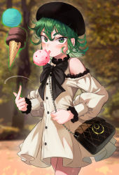 Rule 34 | 1girl, absurdres, bag, beret, black bow, black bowtie, black hat, bow, bowtie, clothing cutout, commentary request, curly hair, dress, floating, food, green eyes, green hair, hair between eyes, hat, highres, ice cream, licking, looking at viewer, md5 mismatch, one-punch man, outdoors, resolution mismatch, revision, short hair, shoulder cutout, solo, source smaller, tatsumaki, thighs, torriet, white dress