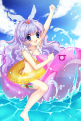 Rule 34 | 1girl, aged down, bikini, blue eyes, blue hair, bow, circlet, clarice, clarice altheim, cloud, day, flat chest, frills, hair ornament, holster, lowres, matching hair/eyes, outstretched arm, purple hair, ratise, sky, solo, swimsuit, sword girls, water