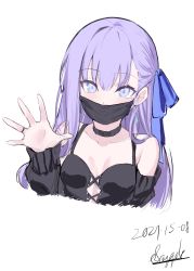 Rule 34 | 1girl, absurdres, bare shoulders, blue eyes, blue ribbon, blush, breasts, choker, collarbone, dated, fate/extra, fate/extra ccc, fate (series), hair ribbon, highres, long hair, long sleeves, looking at viewer, mask, meltryllis (fate), mouth mask, purple hair, ribbon, signature, small breasts, solo, spider apple, very long hair