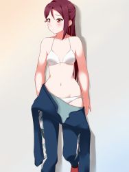 Rule 34 | 1girl, bikini, blue background, bodysuit, breasts, brown eyes, closed mouth, collarbone, commentary, diving suit, gradient background, half updo, highres, long hair, looking at viewer, love live!, love live! sunshine!!, navel, orange background, pursed lips, red hair, sakurauchi riko, side-tie bikini bottom, sideways glance, single bang, small breasts, solo, supra is black (altea), swimsuit, undressing, wetsuit, white bikini