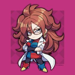 Rule 34 | 1girl, android 21, asymmetrical footwear, black pantyhose, brown hair, checkered clothes, checkered dress, chibi, coat, commission, crossed arms, dragon ball, dragon ball fighterz, dress, earrings, full body, glasses, glint, grey eyes, jewelry, kotorai, lab coat, looking at viewer, mismatched footwear, no nose, pantyhose, pink background, signature, skeb commission, solo, white coat