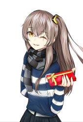 Rule 34 | 1girl, brown hair, gift, girls&#039; frontline, hair between eyes, hair ornament, highres, long hair, looking at viewer, nakaryo0404, official alternate costume, one eye closed, open mouth, scar, scar across eye, scar on face, scarf, shirt, skirt, smile, solo, ump45 (&quot;just this time.&quot;) (girls&#039; frontline), ump45 (girls&#039; frontline), valentine, white background, yellow eyes