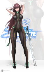 Rule 34 | 1girl, absurdres, armpits, azura anblue, black footwear, bodystocking, breasts, brown eyes, brown hair, copyright name, curvy, eve (stellar blade), full body, glowing, gluteal fold, hands in own hair, highres, korean text, large breasts, logo, long hair, long legs, looking at viewer, medium breasts, planted, planted sword, planted weapon, prototype planet diving suit (stellar blade), smile, solo, stellar blade, sword, thick thighs, thighs, very long hair, weapon, zoom layer