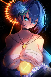 Rule 34 | 1girl, absurdres, alternate breast size, asymmetrical hair, ball, bandaged arm, bandages, bare shoulders, black background, blue eyes, blue flower, blue hair, breast rest, breasts, chain necklace, chest sarashi, choker, closed mouth, clothes down, collarbone, commentary, detached sleeves, earrings, english commentary, eyelashes, flower, glint, glowing, hair between eyes, hair flower, hair intakes, hair ornament, halo, head tilt, highres, hololive, hololive english, jewelry, large breasts, light particles, necklace, ouro kronii, pendant, sarashi, skindentation, smile, solo, stud earrings, the0neulost, unaligned breasts, updo, virtual youtuber, white flower