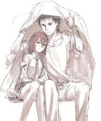 Rule 34 | 1boy, 1girl, artist request, bare legs, blush, brown hair, couple, facial hair, happy, height difference, knees together feet apart, leaning on person, long hair, makise kurisu, monochrome, necktie, no legwear, okabe rintarou, sepia, shared clothes, shared coat, short hair, shorts, simple background, sitting, smile, spot color, steins;gate, stubble, white background